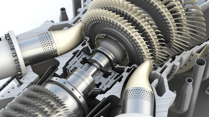 Gas Turbine. Internal structure of the combustion chamber with axle and impellers. 3D render