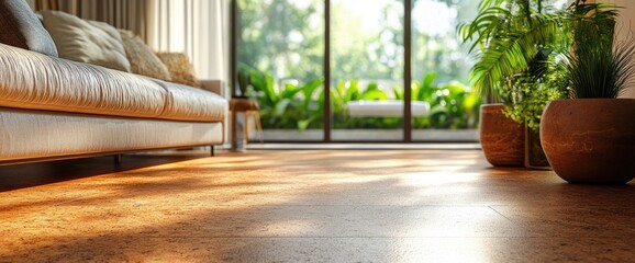 Sunlit cork floor, modern sofa, garden view. Home decor