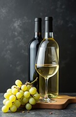 Obraz premium White wine in elegant glass, bottles, white grapes on cutting board. Dark background. Celebrating, drinking alcohol, gourmet, healthy food, restaurant business, winery theme.