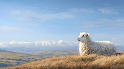 Fototapeta premium Fluffy White Lamb on a Hilltop