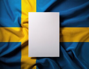 Blank white card on swedish flag background with blue and yellow cross design