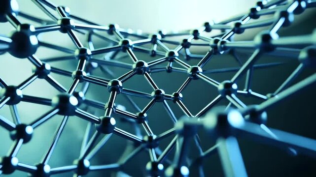 Interconnected metal nodes form a complex, bending network with sleek and futuristic aesthetic design