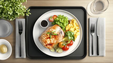 Grilled chicken breast served with fresh salad, cherry tomatoes, and scrambled eggs on a tray