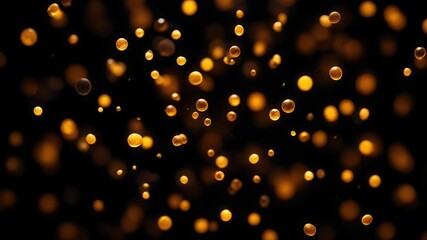 Glowing golden bokeh lights floating in dark space, festive abstract background with warm shimmer, magical atmosphere for celebrations, holidays, or dreamy night scenes