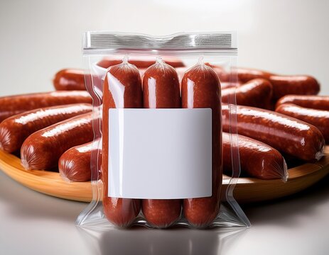 Packaged sausages in transparent vacuum seal with label on wooden tray