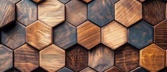 A close-up view of an abstract wooden hexagonal pattern.