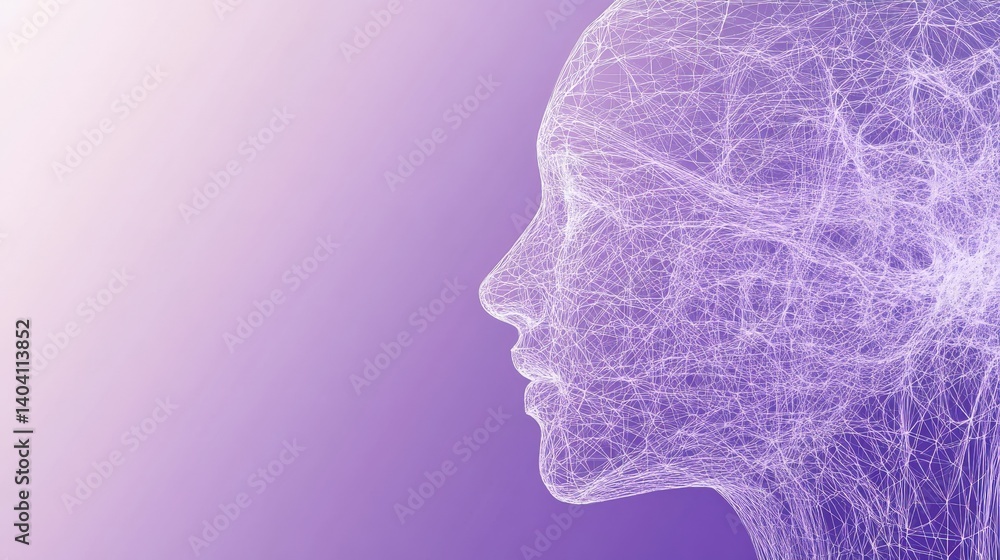 Poster abstract representation of a human profile with intricate lines against a purple gradient background
