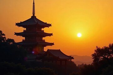Fototapeta premium Golden sunlight silhouettes elegant pagoda, intricate roofline visible , design, sunset, outline