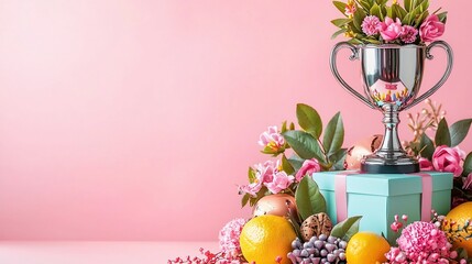 Silver Trophy with Flowers and Gift Box