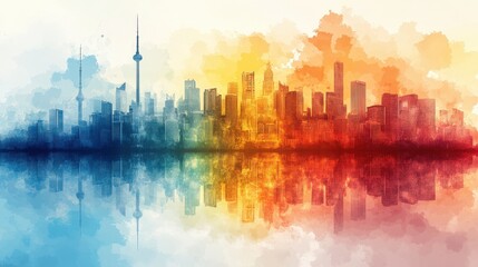 Fototapeta premium Vibrant skyline silhouette at sunset reflecting on calm water, showcasing urban beauty and tranquility