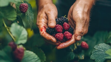 Hands harvesting raspberries and blackberries; farm background; food blog use