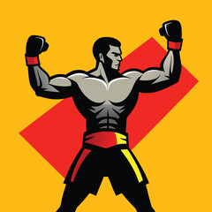Fototapeta premium Boxer in fighting stance, arms raised silhouette vector Illustration