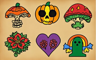 A Halloween set with a retro 70s and 60s hippie theme features a groovy collection of funny and spooky elements, including ghosts, pumpkins, and flowers, in a modern hand-drawn illustration style