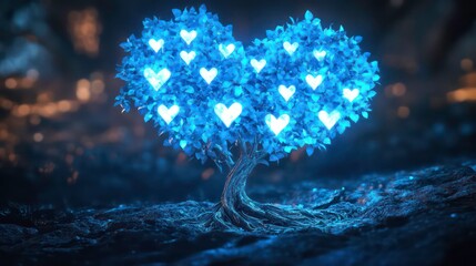 Glowing blue heart-shaped tree with lights.