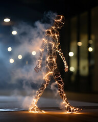 Human silhouette illuminated with light lines walking in smoke  