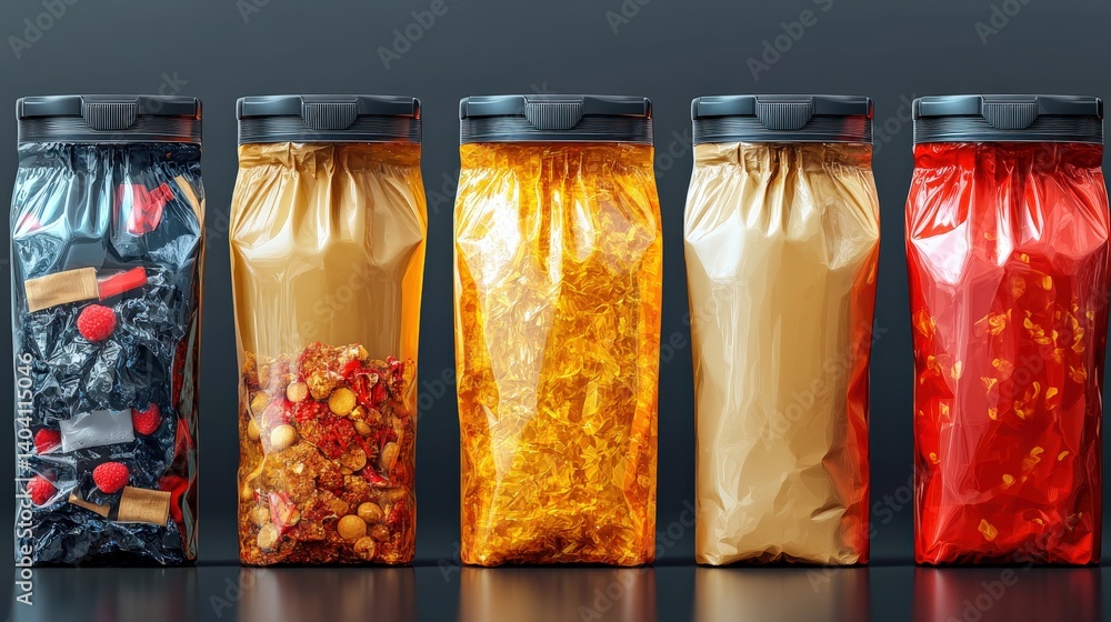 Poster assorted transparent containers filled with colorful snacks arranged on a sleek surface