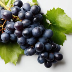 Fototapeta premium Black grapes with leaf close up shot on a white background.