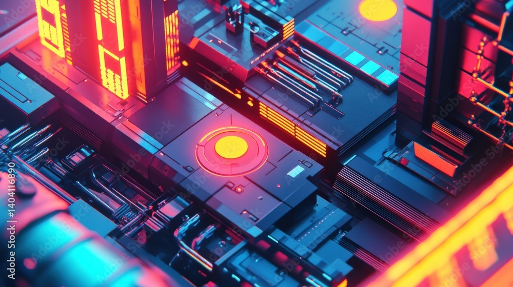 Poster futuristic circuit board with glowing components, showcasing technology in a vibrant setting