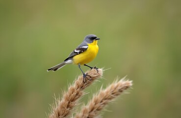 Yellow wagtail bird perched on dry plant stem. Nature scene in green environment. Wild bird in its natural habitat. Ornithology, wildlife and animal photography.