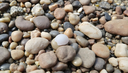 white ball is sitting on some rocks