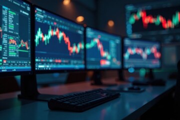 Fototapeta premium Blurred background, sharp focus on financial data across many monitors , statistics, trading