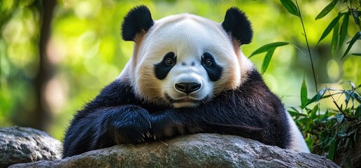 Obraz premium Giant panda resting on rock, bamboo background, wildlife