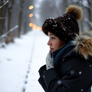 Gros plan sur une femme en train de se moucher en hiver.