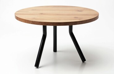 Modern wooden round table with black legs. Interior design furniture. Simple clean modern design for home, cafes, offices. Minimalist decor, studio shot on white background with copy space.