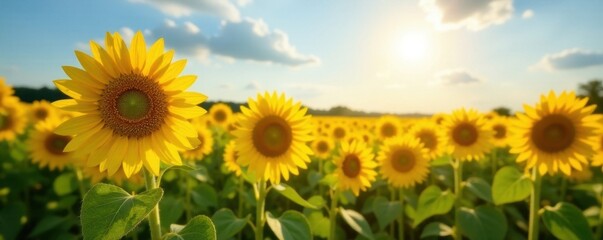 Sun-drenched sunflowers in a boundless field Golden blooms, summer sky , agriculture, pattern