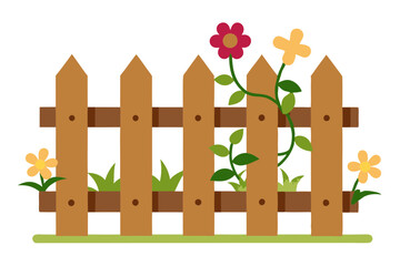 Illustration of a rustic wooden fence with floral and plant elements