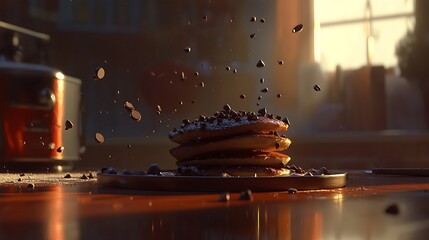 Flying Chocolate Chip Pancakes in Kitchen Sunlight