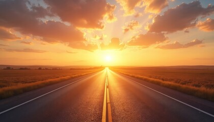 Naklejka premium Long straight asphalt road leads to sunset horizon. Bright sun illuminates sky, clouds above empty highway. Concept travel, journey, freedom, trip, vacation, forward way, success.