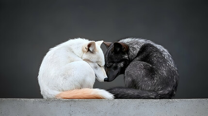 Two Foxes Huddle Together on Concrete, Winter