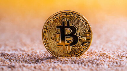 A shiny gold coin rests on soft sand, embodying the booming world of digital currencies in modern finance.