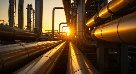 Golden hour sunlight illuminating industrial pipelines in a refinery, showcasing the intricate details and structure of the infrastructure