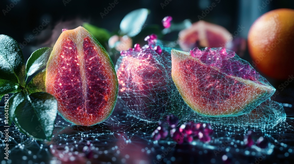 Poster vibrant close-up of sliced fruit with glowing textures and intricate details against a dark backgrou