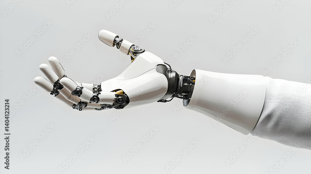 Poster artificial robotic hand reaching out against a white background with detailed mechanical structure