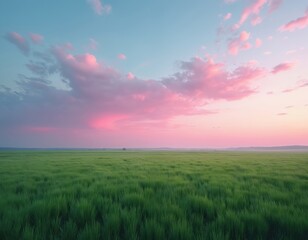 Fototapeta premium Scenic view of summer green field with colorful pink sunset. Calm sky with soft clouds, orange, blue colors. Nature, rural landscape. Peaceful moment, agriculture. Idyllic dreamland scene, travel,