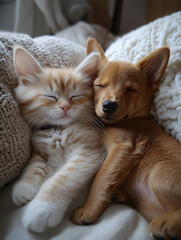 Adorable kitten and puppy sleeping together on a cozy blanket in a warm embrace