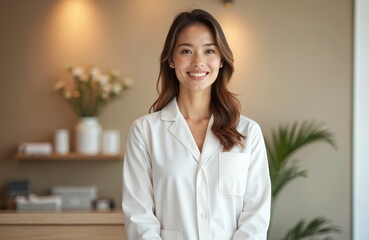 Smiling spa salon receptionist, dressed in white uniform, welcoming clients. Happy female staff member in beauty center, wellness treatment at resort. Service, client oriented spa day. Portrait.