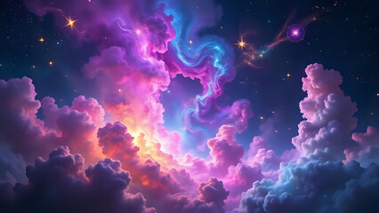 Deep Space Nebula with Glowing Stars, Orange, Purple and Blue Cosmic Dust Clouds, Mysterious Galactic Atmosphere