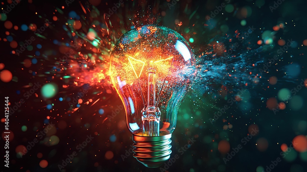 Poster an exploding lightbulb symbolizing innovation and creative energy.