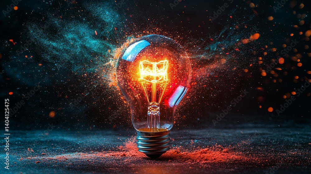 Poster a vibrant illuminated lightbulb exploding with creative energy.