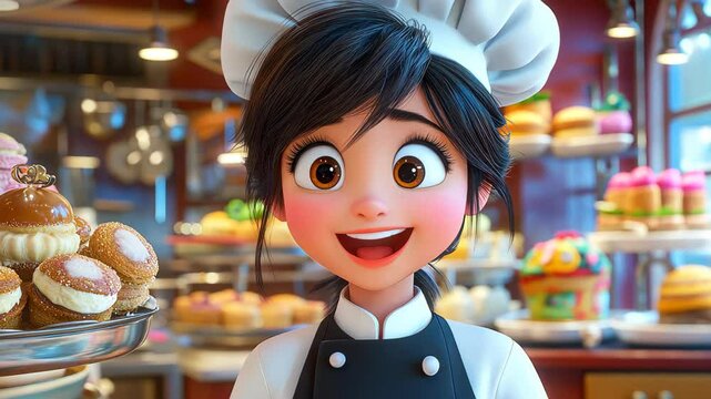 A cute Chinese female chef dons a sleek black uniform, showcasing her culinary skills with adorable flair and creativity.