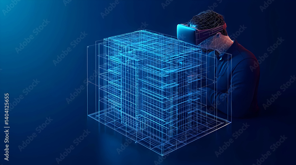Poster man wearing vr headset interacting with illuminated digital cube in blue light