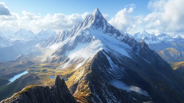 Majestic snow-covered mountain peaks against a serene sky backdrop