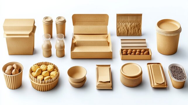 Assorted eco-friendly food packaging items arranged on a clean surface with various snacks
