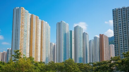Fototapeta premium Modern cityscape panorama with towering residential buildings against sky