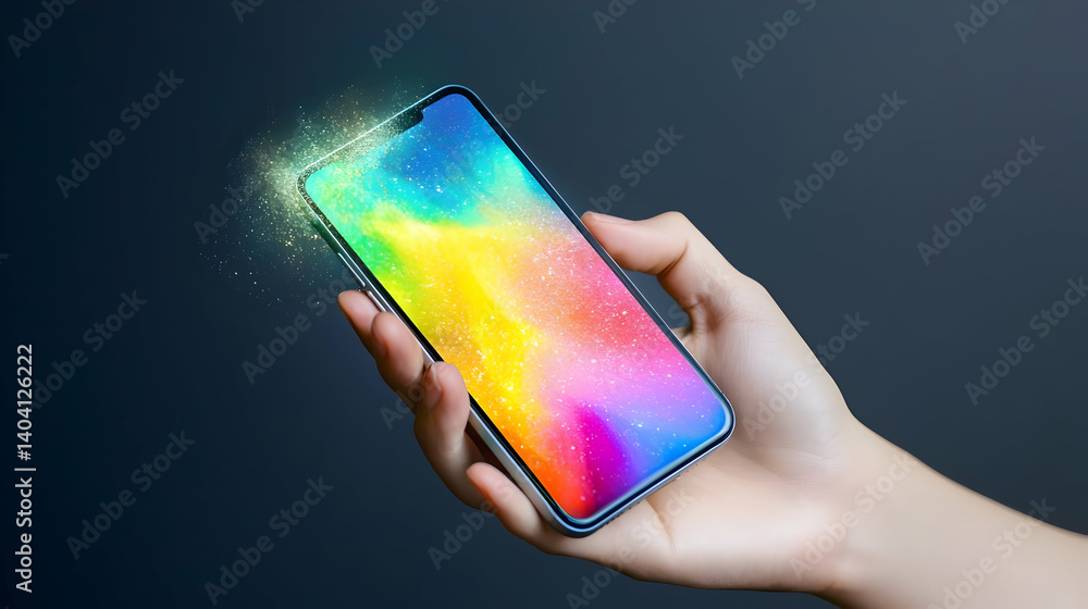 Poster hand holding smartphone displaying colorful rainbow spectrum against dark backdrop with sparkle effe