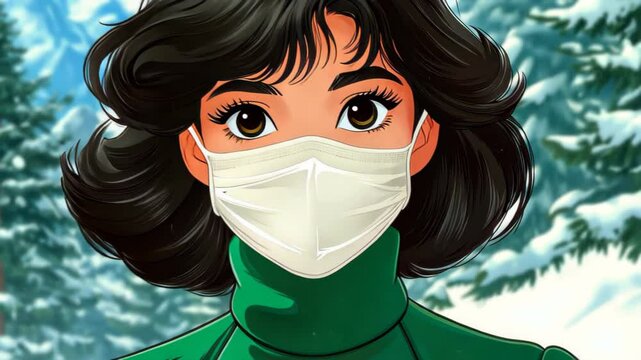 A minimalist facial mask in Hayao Style, showcasing half a figure with black hair and glowing jadeite elements on a clean backdrop.